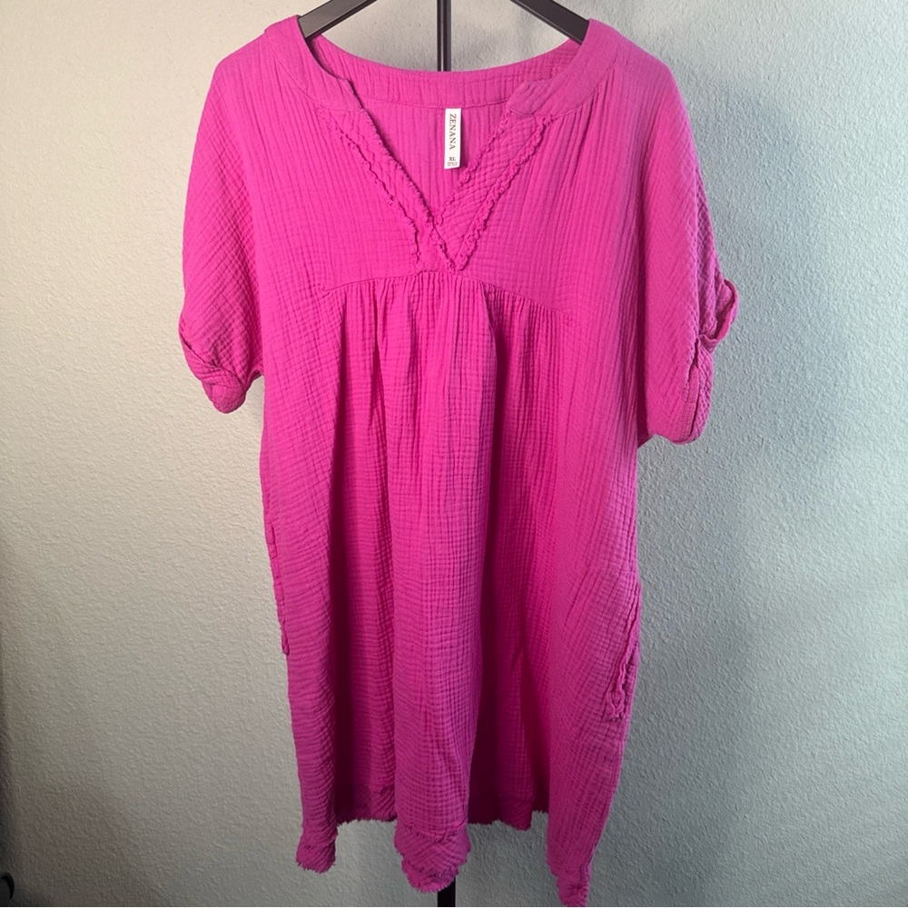 Zenana Outfitters Hot Pink Gauze Tunic Top